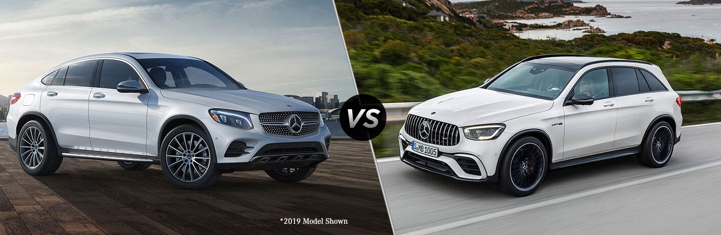 2020 MB AMG® GLC 63 Coupe exterior front fascia and passenger side vs 2020 MB AMG GLC 63 S Coupe exterior front fascia and driver side