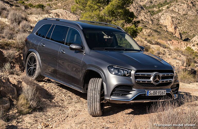 2020 MB GLS exterior front fascia and passenger side off road in desert