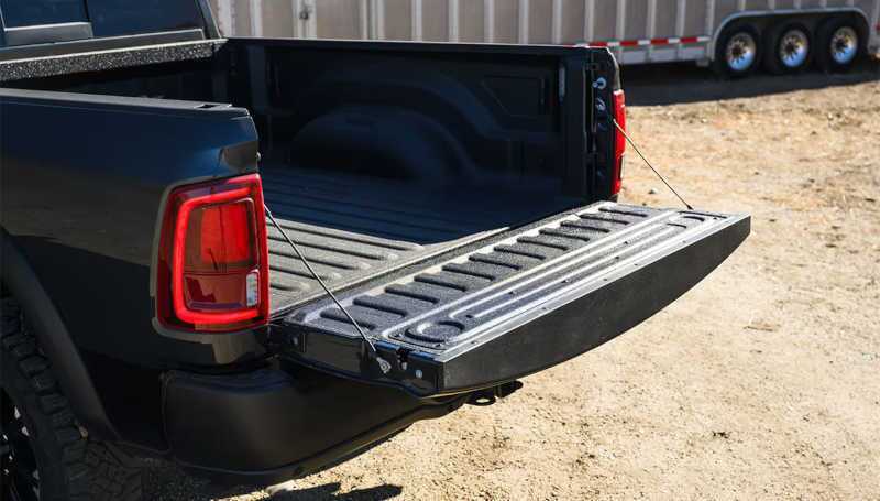 The truck bed and tailgate of a Dodge Ram diesel truck