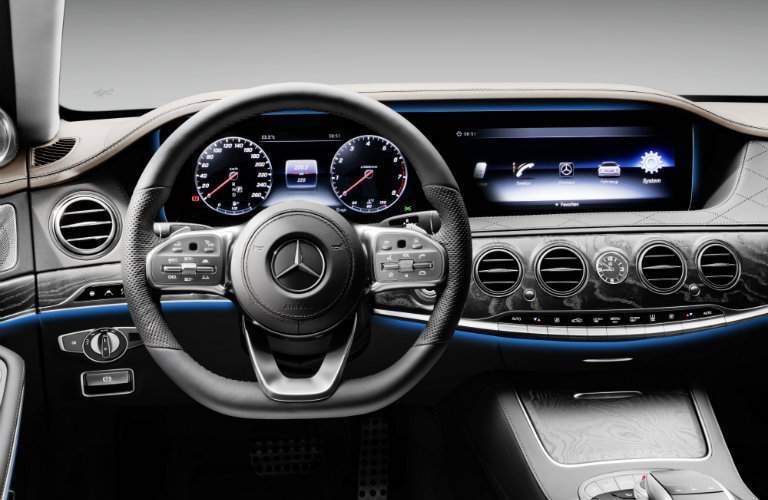 View of Steering Wheel and Front Dash in the 2018 Mercedes-Benz S-Class Sedan