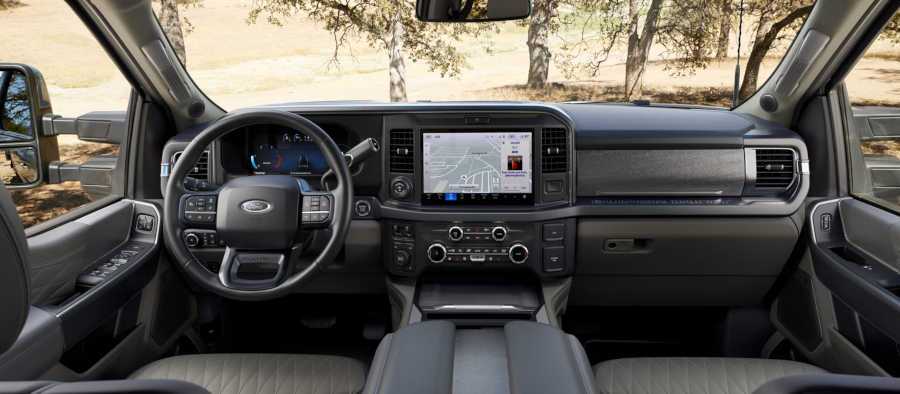 The cockpit and controls in a used Ford Super Duty truck