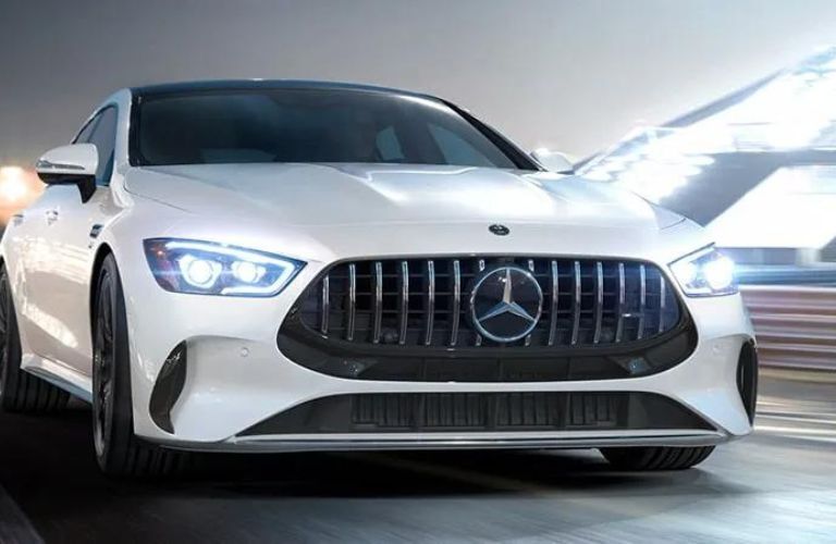 Front-quarter view of the 2024 Mercedes-AMG GT 63 S E PERFORMANCE 4-door Coupe White