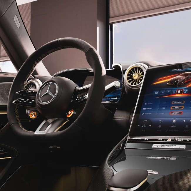 A close look at the infotainment screen and steering in the 2025 AMG® GT 43 Coupe near Scottsdale