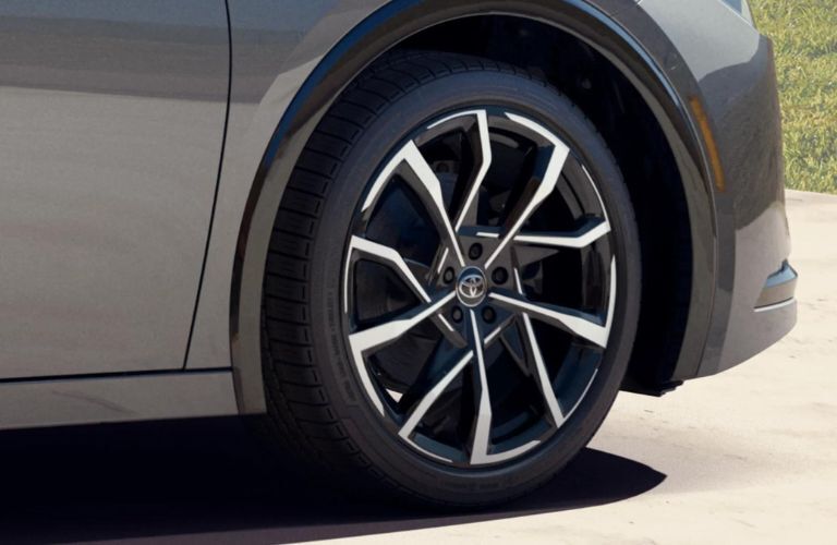 The wheel of the 2023 Toyota Prius Prime is shown.