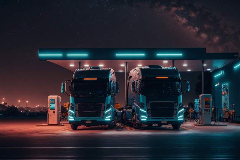 Electric semi trucks at a charging station.