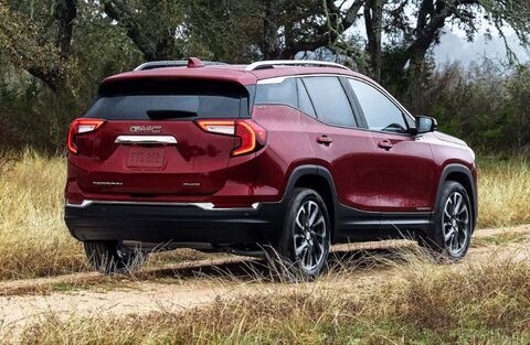 Rear view of the 2024 GMC Terrain Red