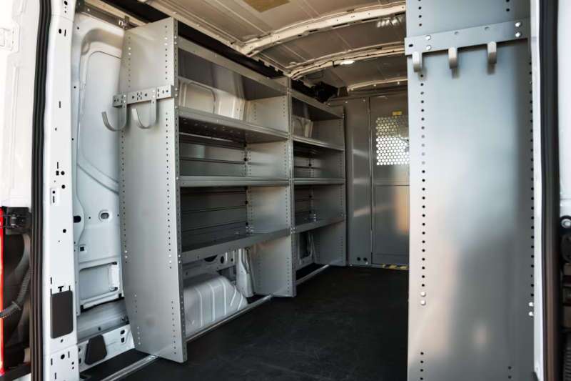 Custom upfitted shelving in an E-Transit van