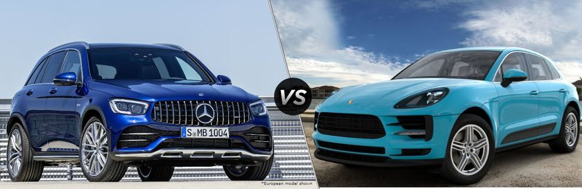 2020 MB GLC exterior front fascia passenger side vs 2020 Porsche Macan S exterior front facia driver side