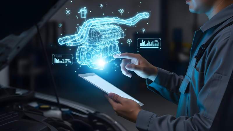 A man using an advanced diagnostic system to fix a check engine light issue