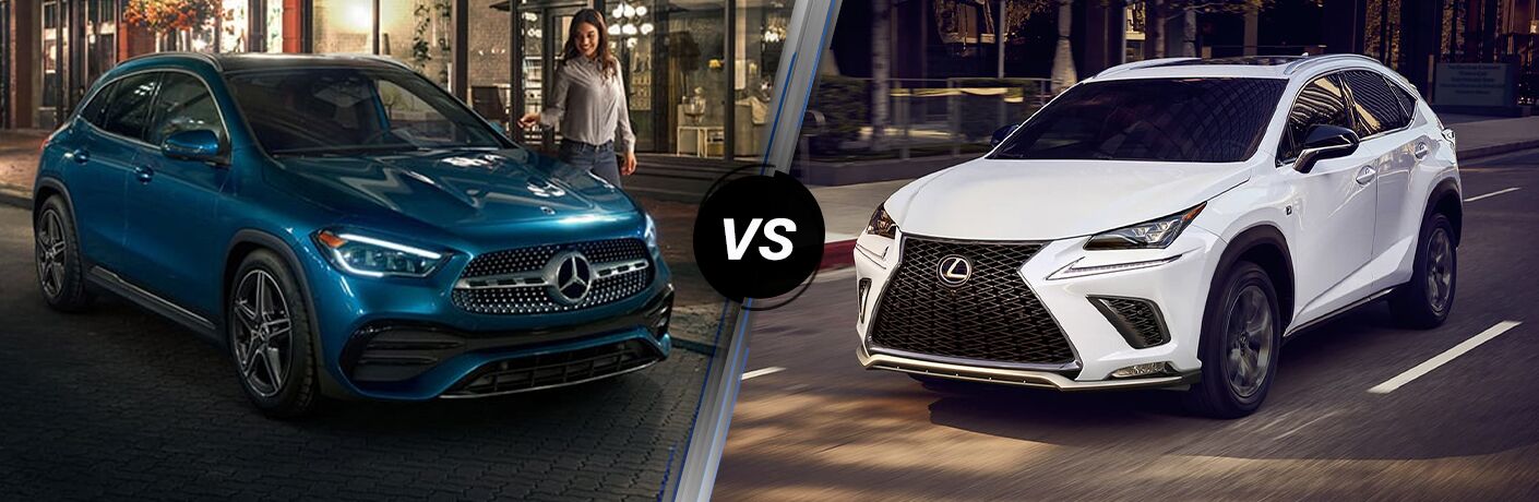 2021 MB GLA exterior front fascia passenger side in font of cafe vs 2021 Lexus NX exterior front fascia driver side on blurred city road