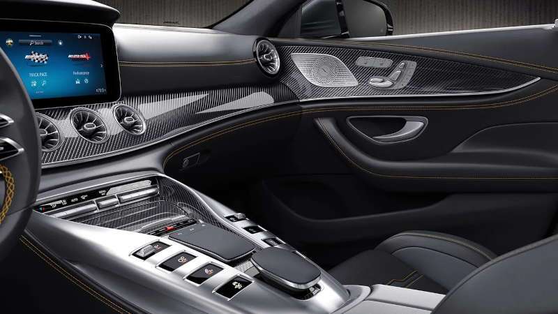 The console and infotainment display in the 2025 Mercedes-Benz AMG® GT 63 4-Door Coupe