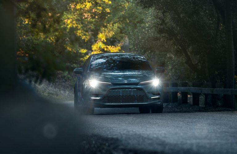 A 2024 Toyota Corolla on a road surrounded by trees