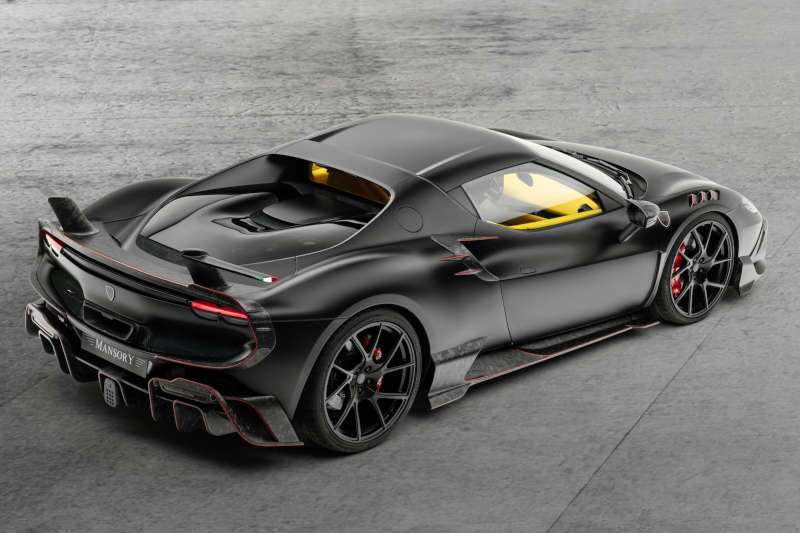 A rear quarter exterior view of the Ferrari 296 GTB Mansory