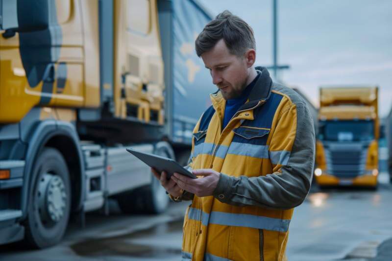 A man preparing to drive a waste management truck.