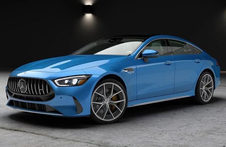 Front-quarter view of the 2024 Mercedes-AMG GT 63 4-Door Coupe Blue