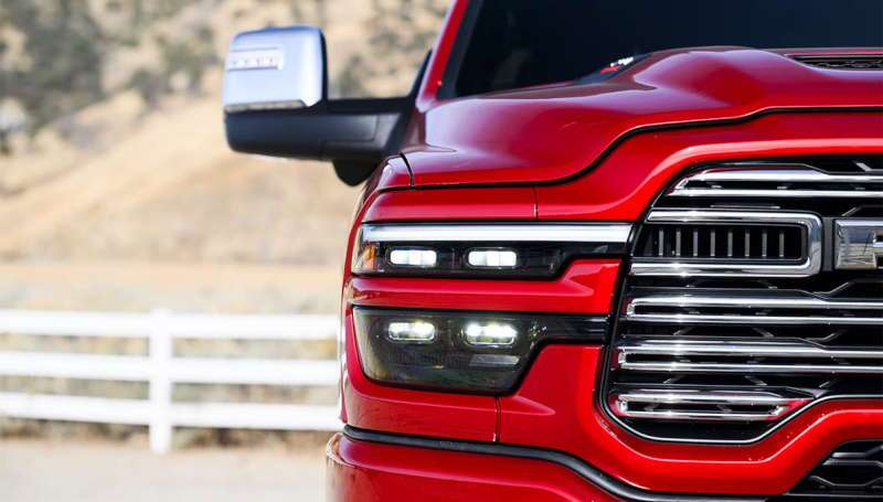 The front grille of a Ram pickup truck with a Cummins engine