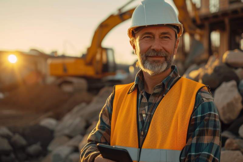 A man using a calculator at a heavy truck job site.