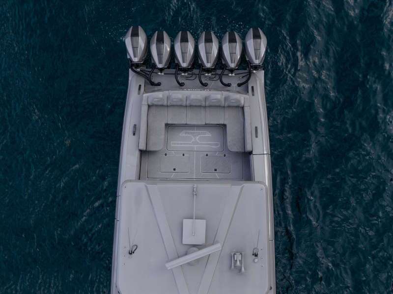 A top down rear exterior view of the 2026 Midnight Express 52 Mansory