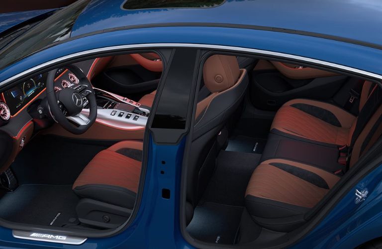 Side view of the luxurious front and rear row seats of the 2023 Mercedes-AMG GT 53 Coup