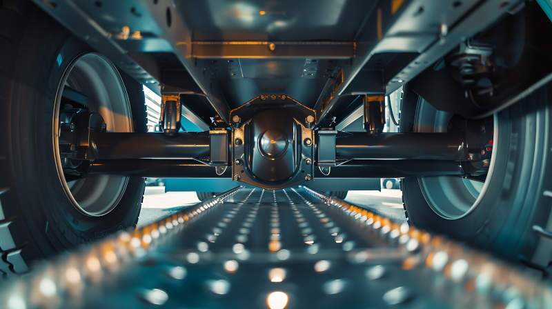 A detail of the undercarriage and suspension system of a large commercial truck.