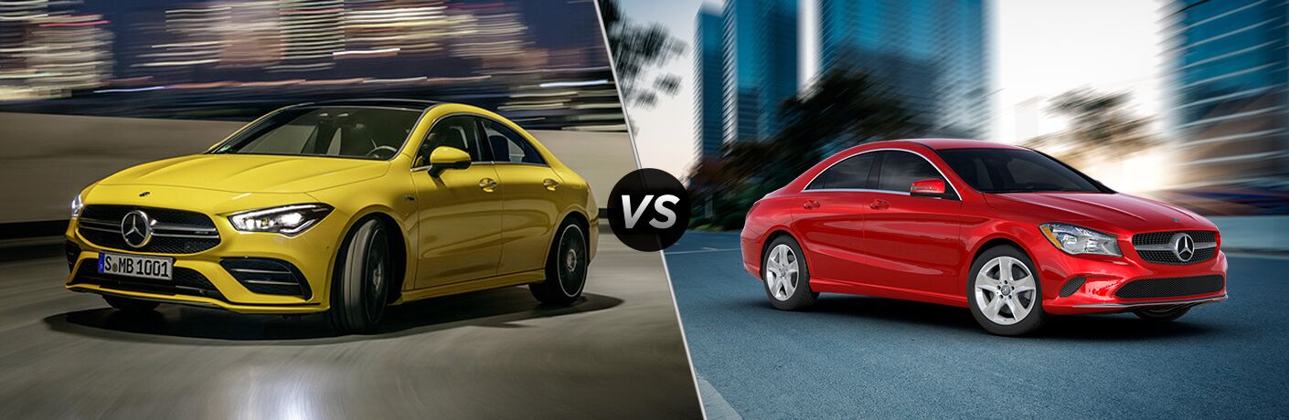 2020 MB CLA exterior front fascia and driver side vs 2019 mb cla exterior front fascia and passenger side in blurred city