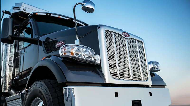 A front quarter exterior view of a Peterbilt semi truck