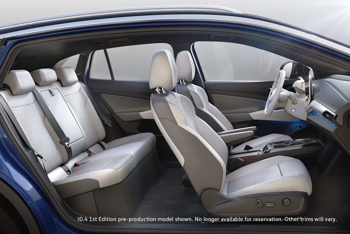 An interior view of the ID.4 front and back seats shown from the side.