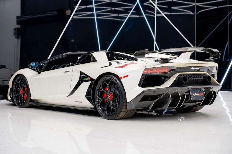 A rear quarter exterior view of the 2020 Lamborghini Aventador SVJ