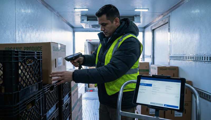 A man checking inventory in a reefer truck in South Florida
