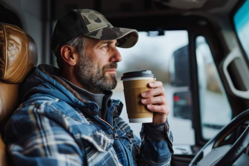 A man drinking coffee in his semi truck.