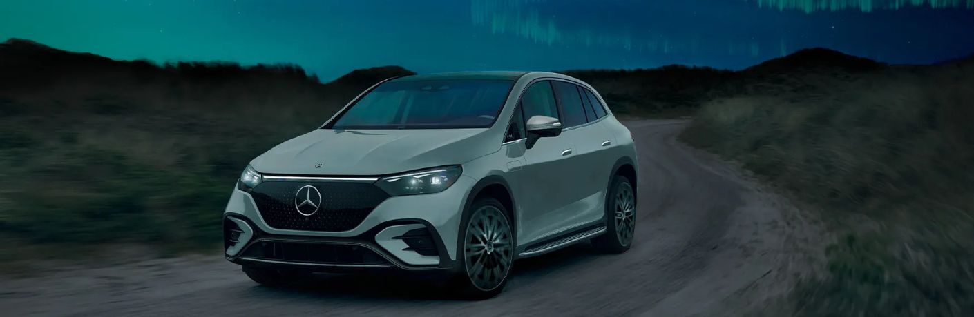 Front-quarter vi2025 Mercedes-Benz EQE 350+ SUV on the road