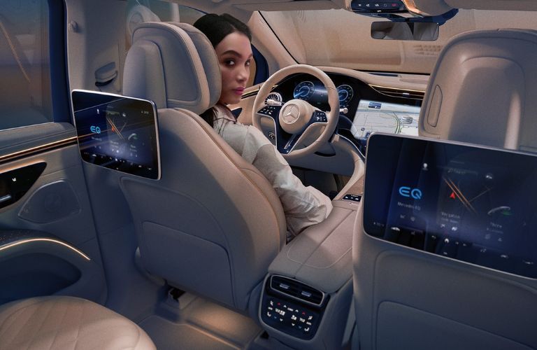 An image of the MBUX Rear Seat Entertainment of the 2023 Mercedes-Benz EQS