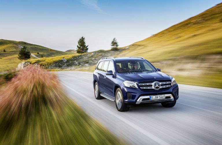 2017 Mercedes-Benz AMG GLS63 driving fast through green hills