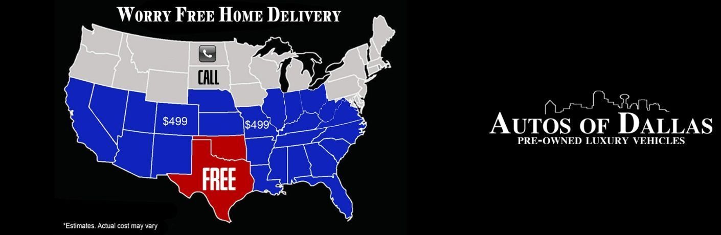 Colored Map of United States Showing Delivery Costs with White Worry Free Home Delivery Text and White Autos of Dallas Logo on Black Background
