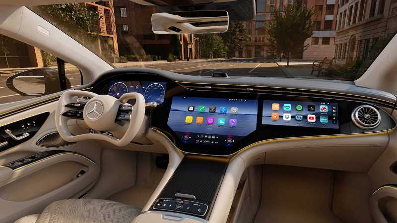The high-tech cabin with yoke-style steering wheel in the 2027 Mercedes-Benz EQS Sedan
