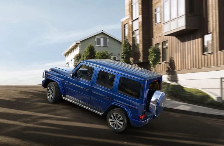 2024 Mercedes-Benz G 550 in Brilliant Blue on a steep road