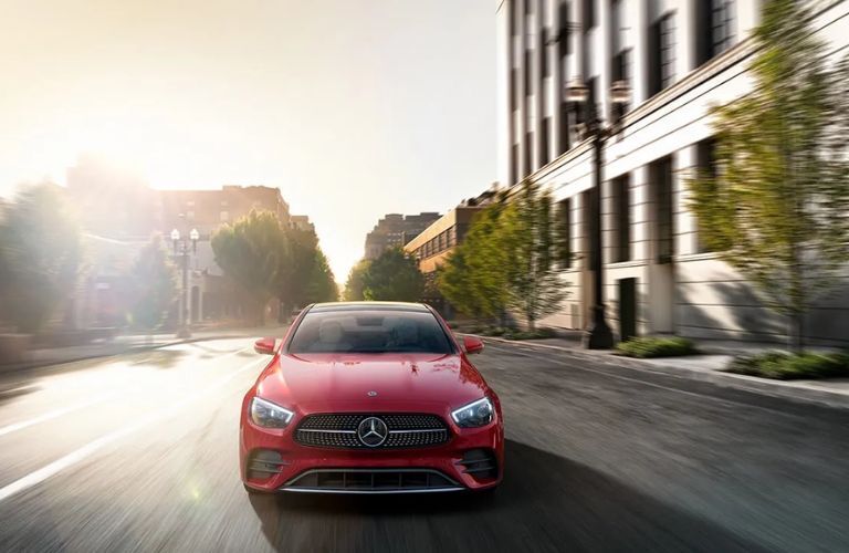 Front view of the 2023 Mercedes-Benz E 350 in MANUFAKTUR Cardinal Red
