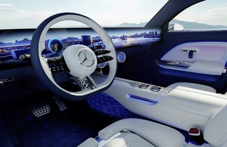 interior steering and dashboard of the VISION EQXX by Mercedes-EQ Concept Vehicle