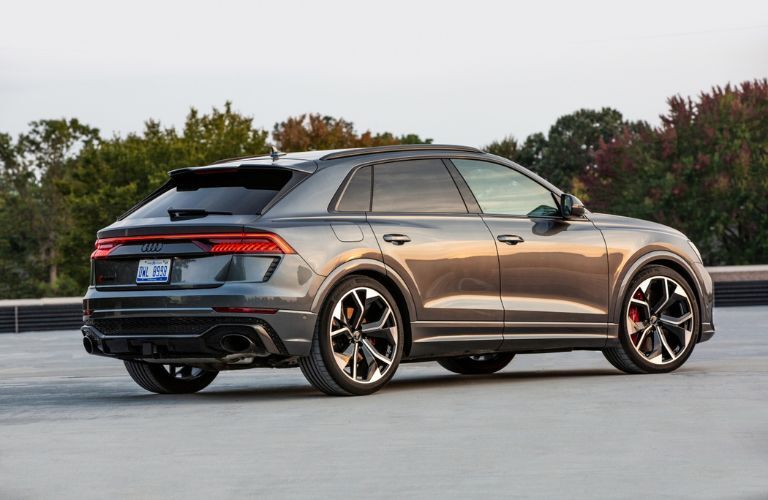 Rear three-quarter view of the 2020 Audi RS Q8 parked