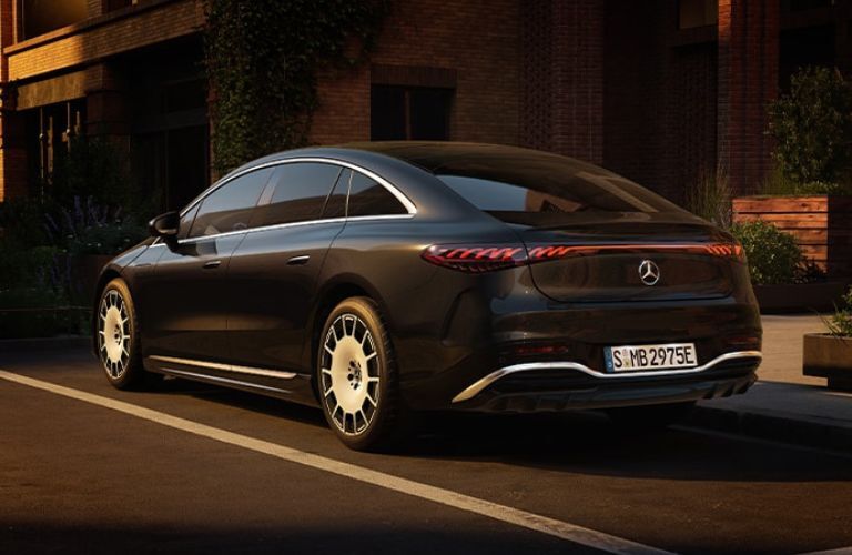 Rear-quarter view of the 2027 Mercedes-Benz EQS Black