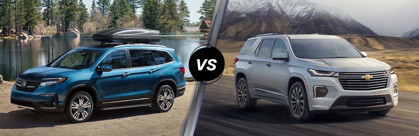 Comparison image of the 2022 Honda Pilot and the 2022 Chevy Traverse