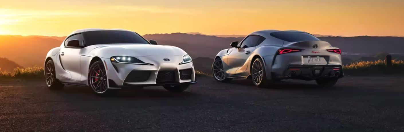 Front and rear quarter view of two 2023 Toyota GR Supra parked