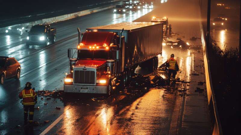 A semi truck involved in a freeway accident with spillage.