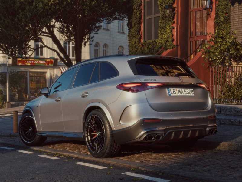 A rear quarter exterior view of the 2026 AMG® GLC 63 S E PERFORMANCE SUV