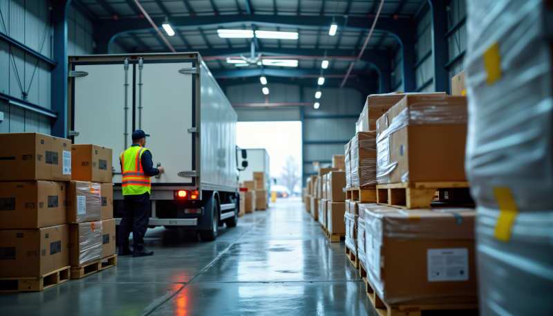 A rear exterior view of a refrigerator truck picking up cargo from a warehouse