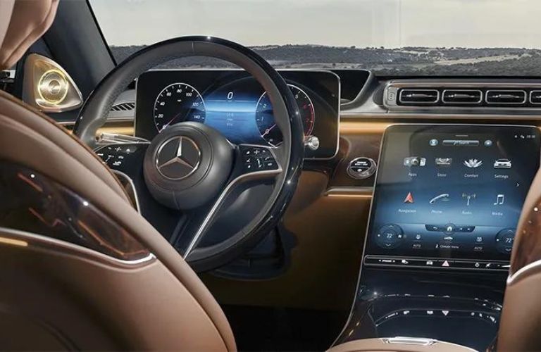 interior steering and dashboard view of the 2024 Mercedes-Benz S 580e 4MATIC Sedan