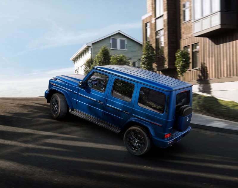 A rear external 3/4 view of the 2026 Mercedes-Benz G-Class SUV, which can be found pre-owned for sale at MB Scotttsdale