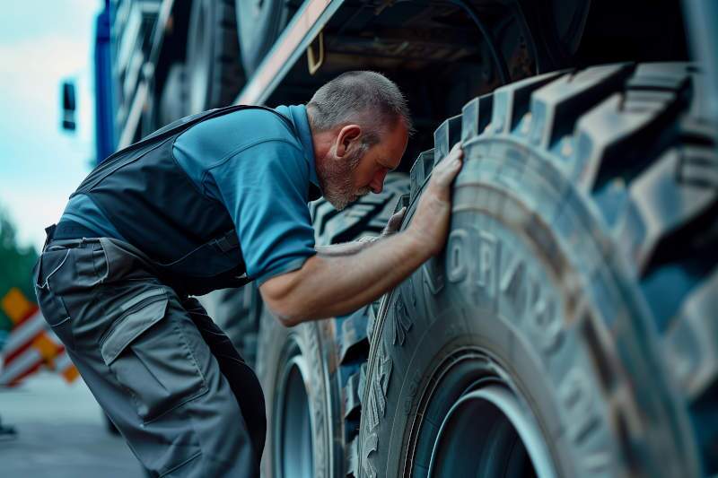 A man inspecting the tires on a heavy truck.