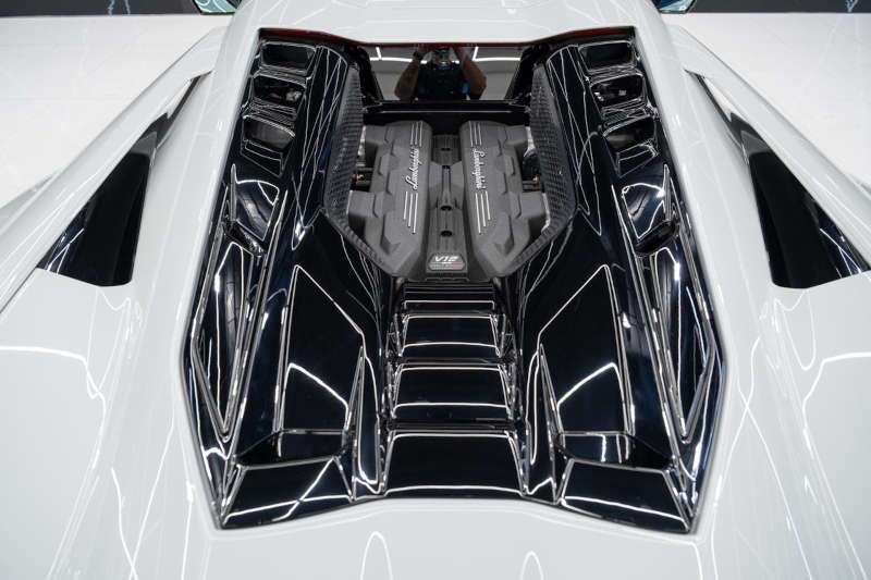 The engine compartment of the Lamborghini Revuelto Mansory edition