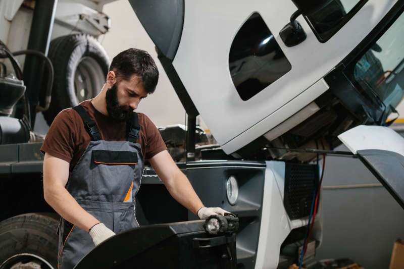 A man performing service on a Cummins commercial truck engine